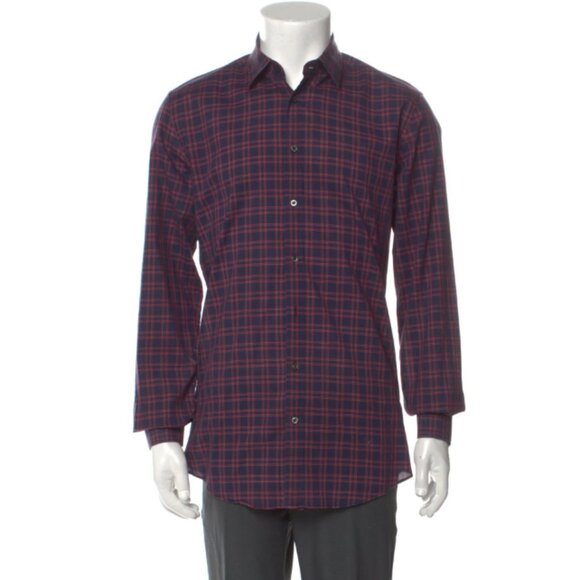 Gucci Men's Burgundy Plaid Checkered Long Sleeve Button Up Cotton Shirt size 17 - Picture 1 of 14